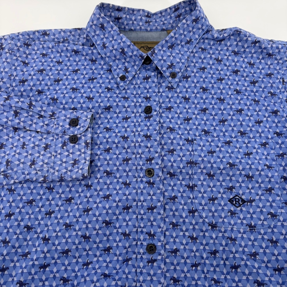 Roper Mens Blue Geometric Horse Rider Print Cotton Western Button Down Shirt L